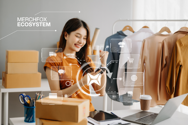 A visually compelling image showing the MerchFoxHub team working together in a modern office environment. The image conveys collaboration, innovation, and a global mindset with world maps and international elements visible in the background.